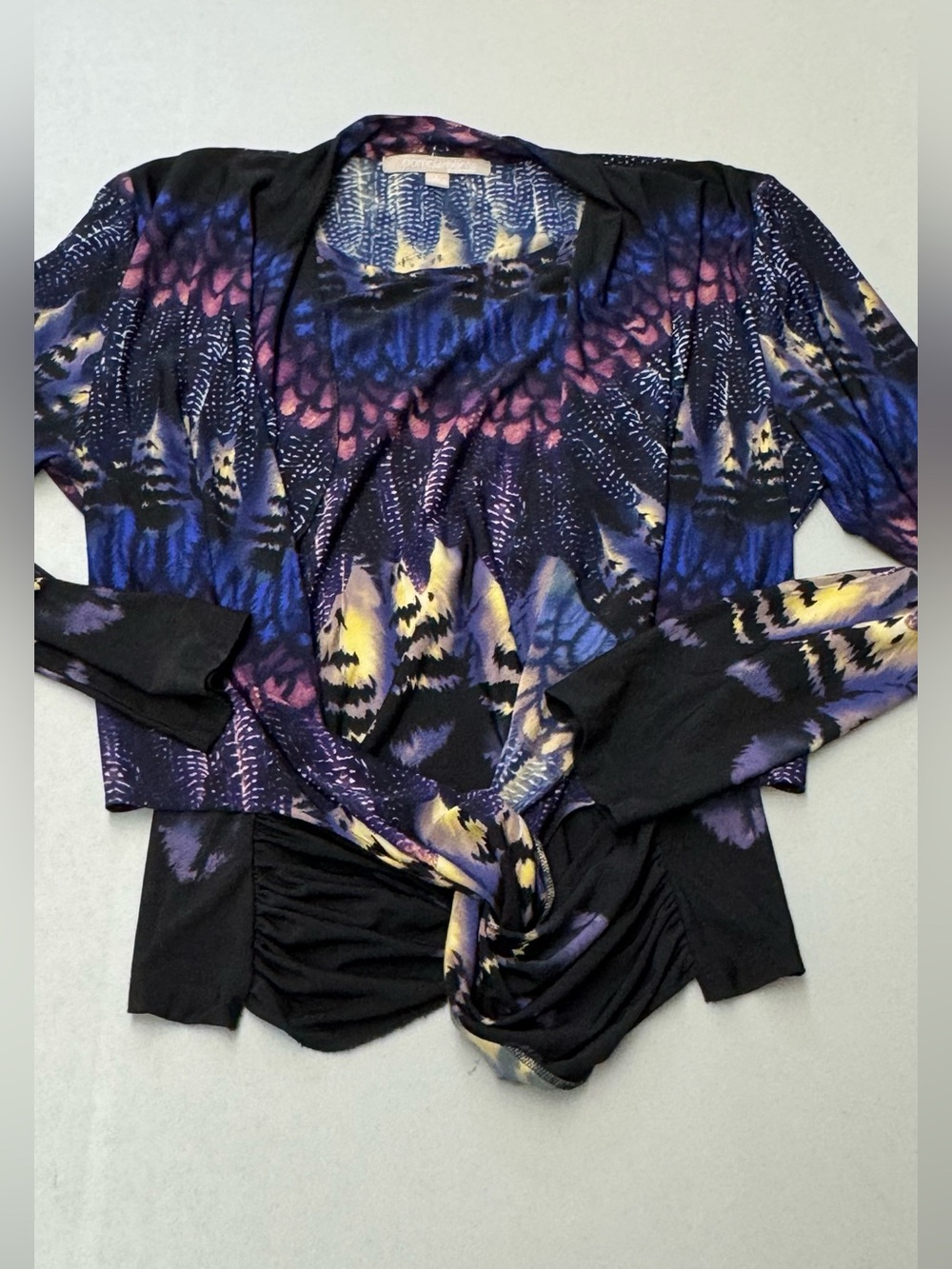 Compliments by Erin London Women's Twist-Front Layered Blouse in Black & Purple
